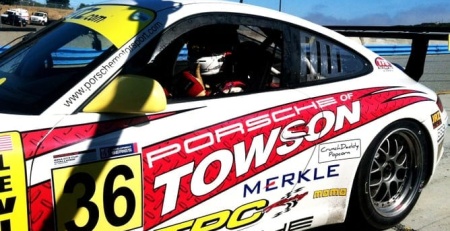TPC Racing Porsche GT3 Cup Car in paddock at Laguna Seca, 2013