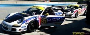 TPC Racing No. 37 Porsche GT3 Cup Car in pit at Laguna Seca, 2013