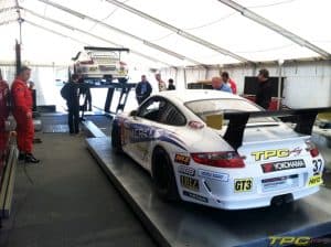 TPC Racing Porsche GT3 No. 36 car in tech at Laguna Seca, 2013