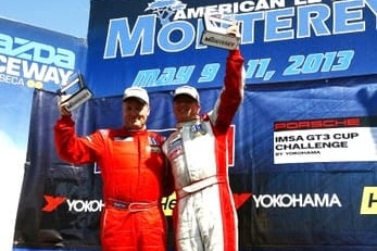 Michael Levitas and David Williams of TPC Racing on podium at Laguna Seca, IMSA Porsche GT3 Cup Challenge 2013