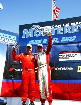 Michael Levitas and David Williams of TPC Racing on podium at Laguna Seca, IMSA Porsche GT3 Cup Challenge 2013