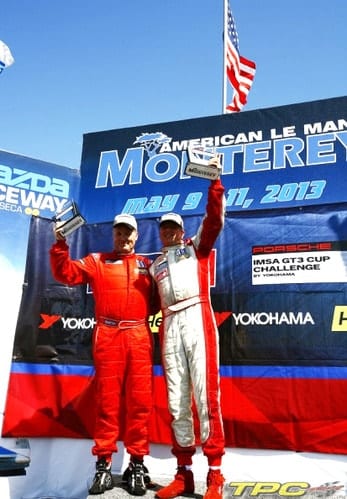 Michael Levitas and David Williams of TPC Racing on podium at Laguna Seca, IMSA Porsche GT3 Cup Challenge 2013